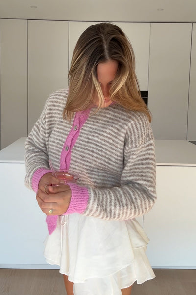 SOFT STRIPED CARDIGAN CREAMY PINK
