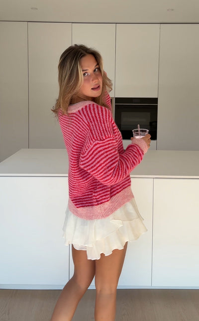 SOFT STRIPED CARDIGAN CHERRY