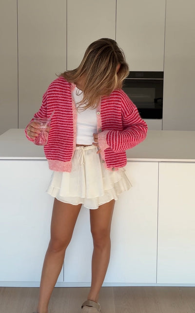 SOFT STRIPED CARDIGAN CHERRY