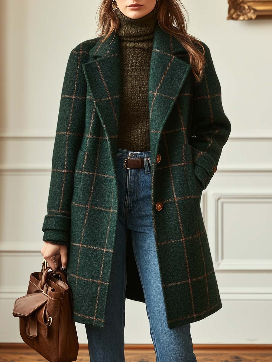 Clara | Retro Lapel Plaid Tweed Coat